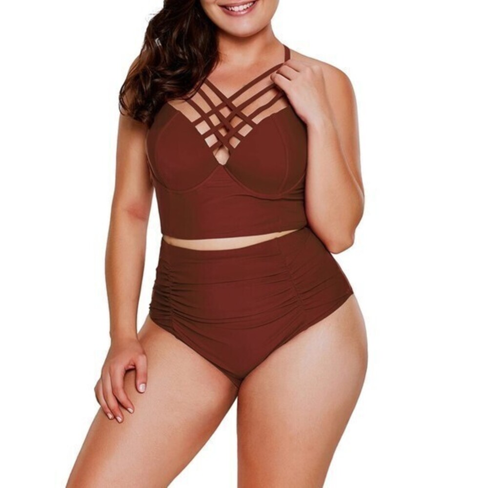 Maroon Strappy Ruched High Waisted Crisscross Swimsuit Bikini Size Med EUC #1291